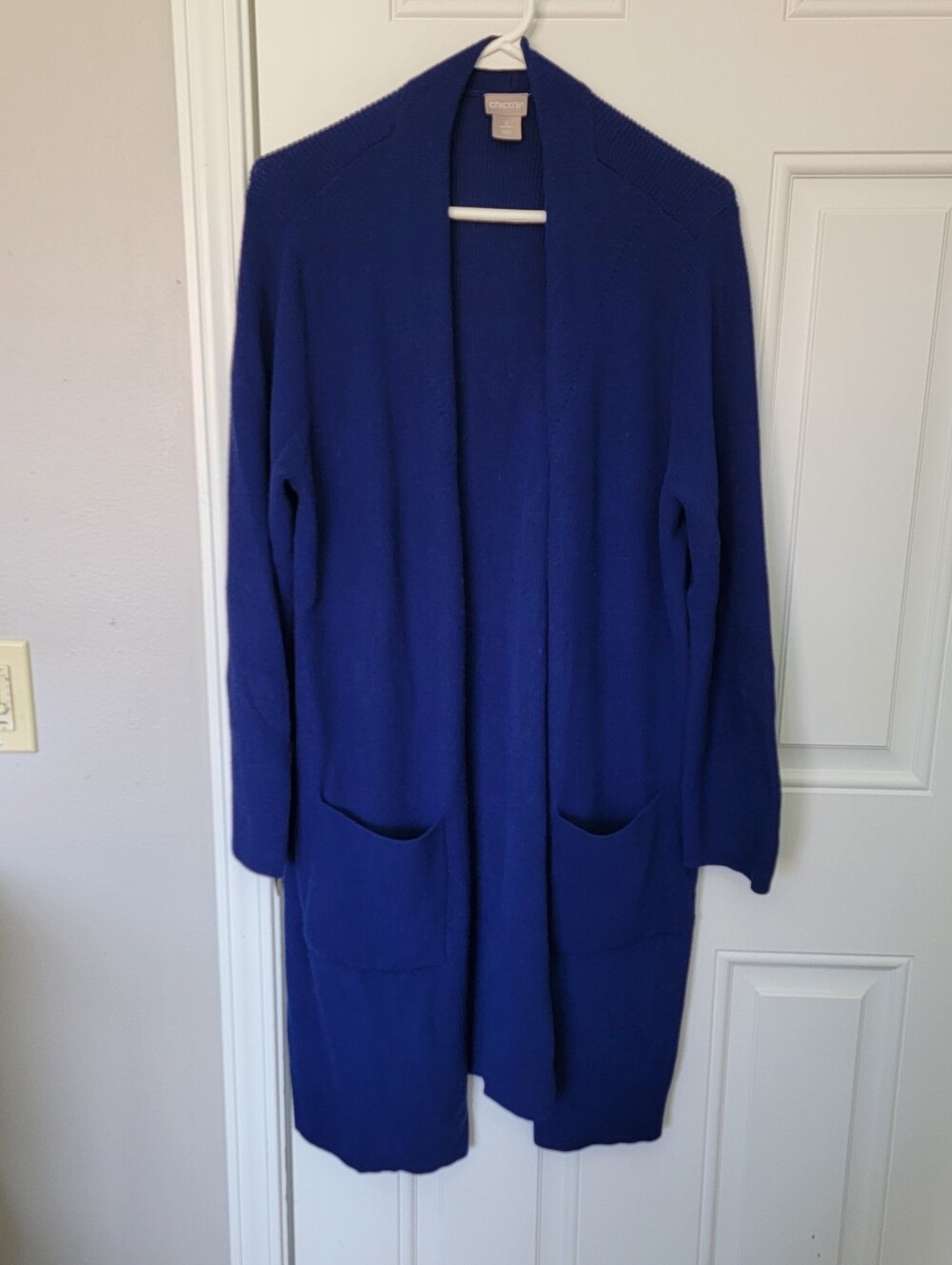 Chico's Royal Blue Knit Open Front Long Cardigan Sweater Duster Pockets size L